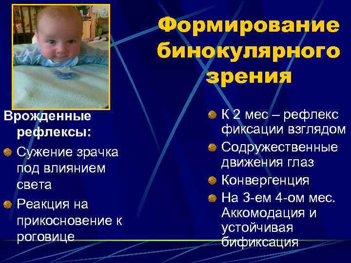 Формирование бинокулярного зрения Врожденные рефлексы: Сужение зрачка под влиянием света Реакция на прикосновение к