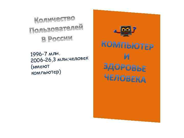 2010 - 46, 5 млн. ч еловек (являются пользователями интернета) 1996 -7 млн. век