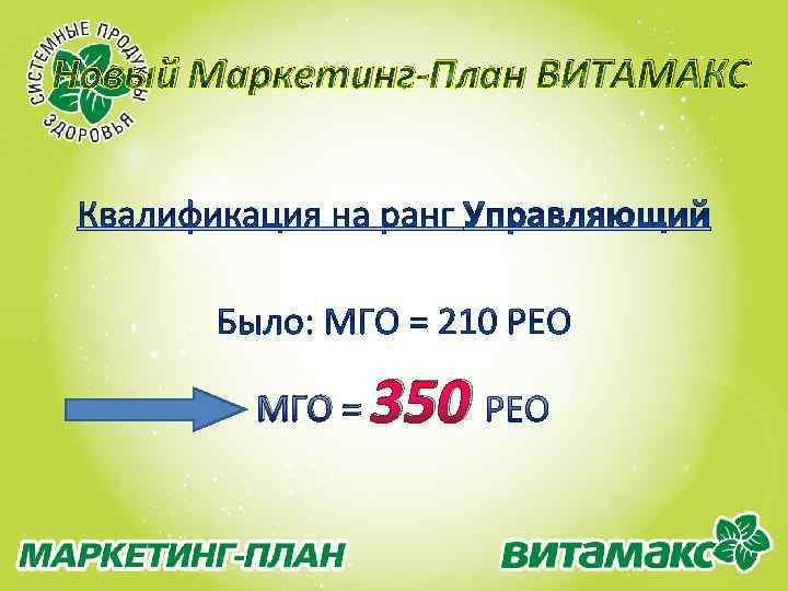 Новый Маркетинг-План ВИТАМАКС МГО = 350 