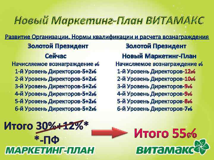 Новый Маркетинг-План ВИТАМАКС Итого 30%+12%* *-ПФ 