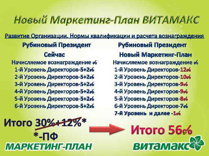 Новый Маркетинг-План ВИТАМАКС Итого 30%+12%* *-ПФ 