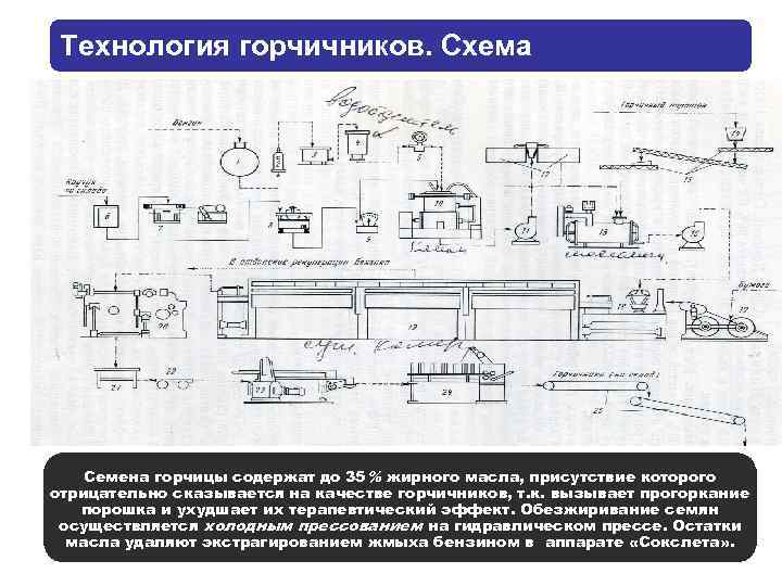 Технология горчичников. Схема Семена горчицы содержат до 35% жирного масла, присутствие которого отрицательно сказывается