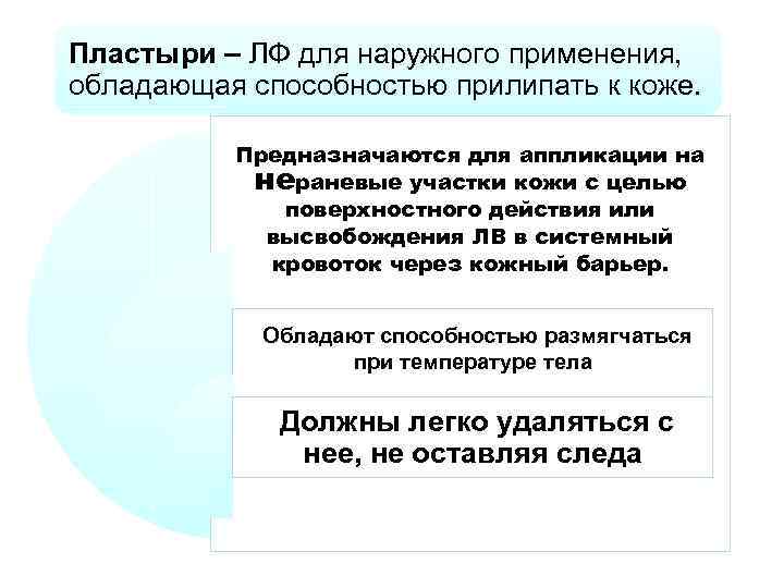 Пластыри – ЛФ для наружного применения, обладающая способностью прилипать к коже. Предназначаются для аппликации