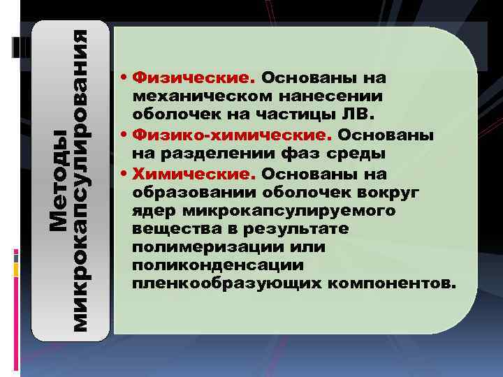 Методы микрокапсулирования • Физические. Основаны на механическом нанесении оболочек на частицы ЛВ. • Физико-химические.