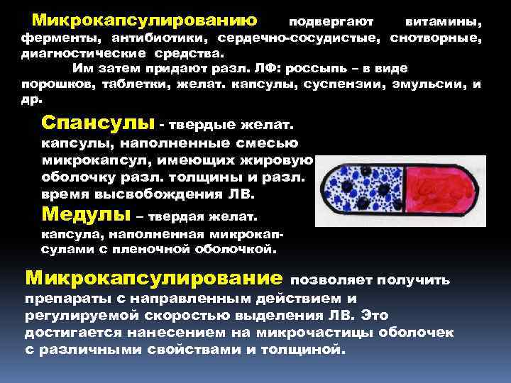 Микрокапсулированию подвергают витамины, ферменты, антибиотики, сердечно-сосудистые, снотворные, диагностические средства. Им затем придают разл. ЛФ:
