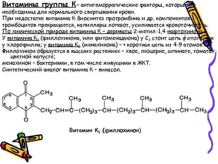 Витамины группы К – антигеморрагические факторы, которые необходимы для нормального свертывания крови. При недостатке