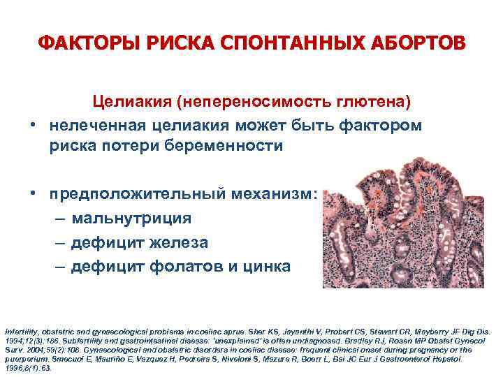 ФАКТОРЫ РИСКА СПОНТАННЫХ АБОРТОВ Целиакия (непереносимость глютена) • нелеченная целиакия может быть фактором риска