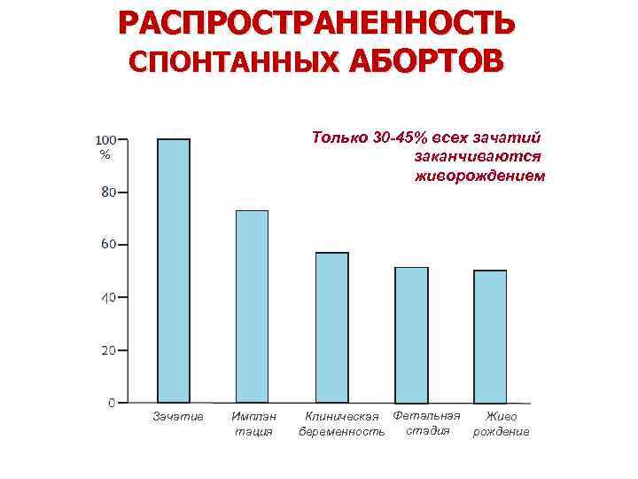 РАСПРОСТРАНЕННОСТЬ СПОНТАННЫХ АБОРТОВ Только 30 -45% всех зачатий заканчиваются живорождением % Зачатие Имплан тация