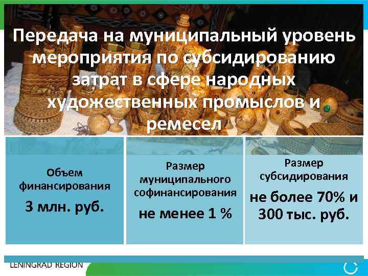 Передача на муниципальный уровень мероприятия по субсидированию затрат в сфере народных художественных промыслов и