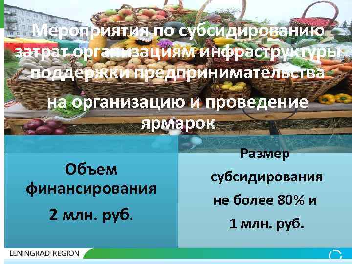 Мероприятия по субсидированию затрат организациям инфраструктуры поддержки предпринимательства на организацию и проведение ярмарок Объем