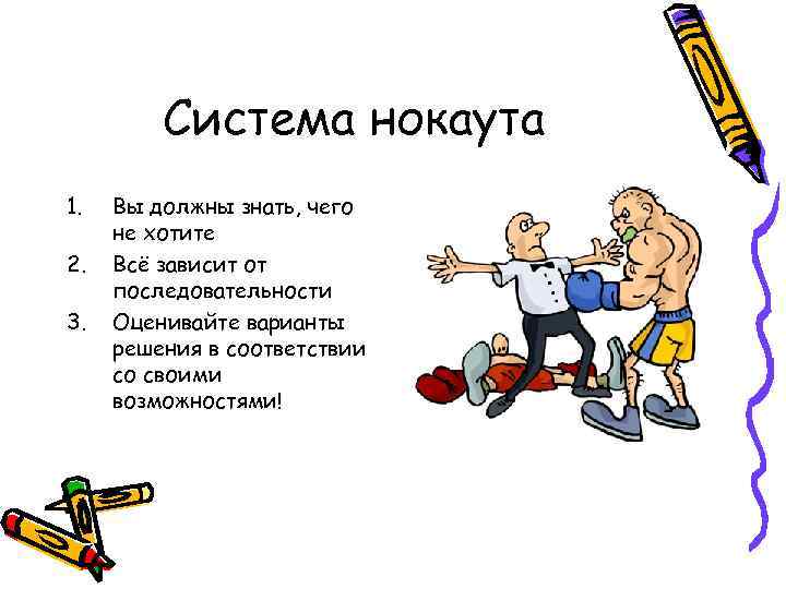 Система нокаута 1. 2. 3. Вы должны знать, чего не хотите Всё зависит от