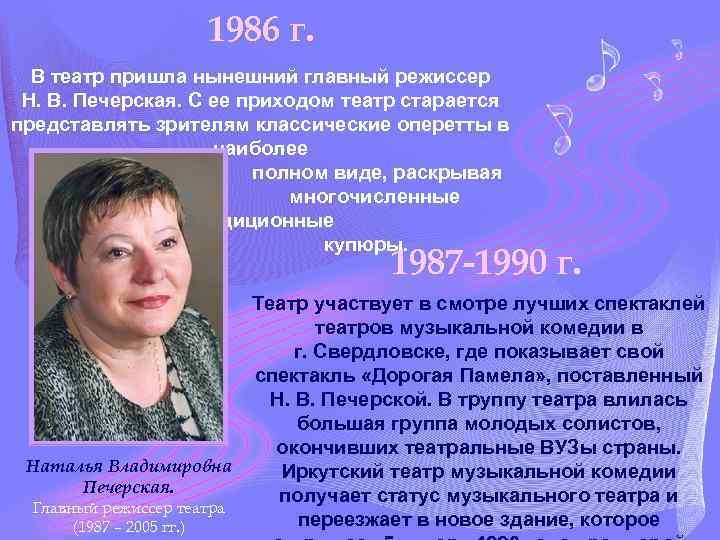 1986 г. В театр пришла нынешний главный режиссер Н. В. Печерская. С ее приходом