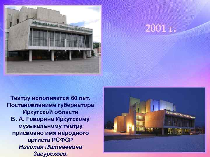 2001 г. Театру исполняется 60 лет. Постановлением губернатора Иркутской области Б. А. Говорина Иркутскому