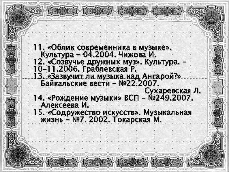 11. «Облик современника в музыке» . Культура - 04. 2004. Чижова И. 12. «Созвучье