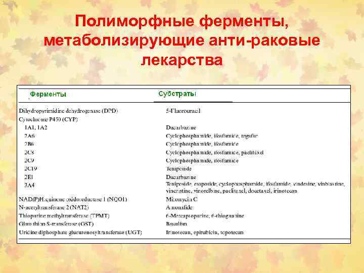 Полиморфные ферменты, метаболизирующие анти-раковые лекарства 