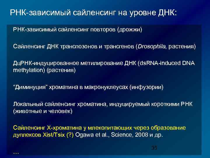 РНК-зависимый сайленсинг на уровне ДНК: РНК-зависимый сайленсинг повторов (дрожжи) Сайленсинг ДНК транспозонов и трансгенов