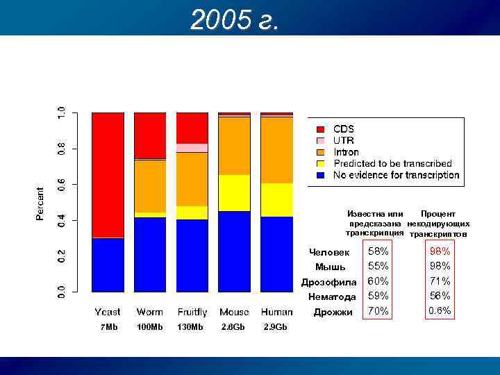2005 г. Известна или Процент предсказана некодирующих транскрипция транскриптов Человек Мышь Дрозофила Нематода Дрожжи