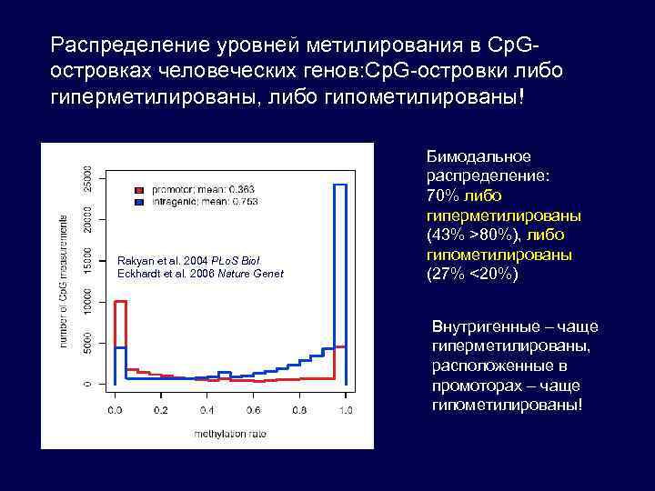 Распределение уровней метилирования в Cp. Gостровках человеческих генов: Cp. G-островки либо гиперметилированы, либо гипометилированы!