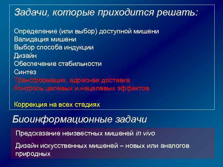 Задачи, которые приходится решать: Определение (или выбор) доступной мишени Валидация мишени Выбор способа индукции