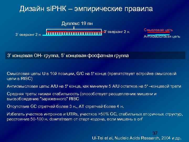 Дизайн si. РНК – эмпирические правила Дуплекс 19 пн 3’ оверхэнг 2 н. Смысловая