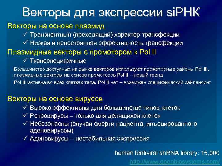 Векторы для экспрессии si. РНК Векторы на основе плазмид ü Транзиентный (преходящий) характер трансфекции