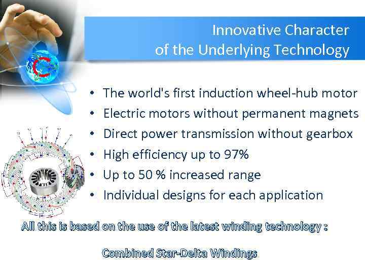 Innovative Character of the Underlying Technology • • • The world's first induction wheel-hub