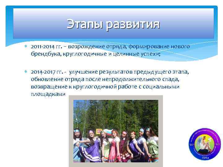 Этапы развития 2011 -2014 гг. – возрождение отряда, формирование нового брендбука, круглогодичные и целинные