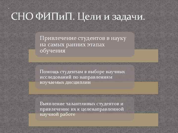 . СНО ФИПи. П. Цели и задачи. Привлечение студентов в науку на самых ранних