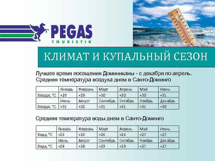 КЛИМАТ И КУПАЛЬНЫЙ СЕЗОН Лучшее время посещения Доминиканы - с декабря по апрель. Средняя