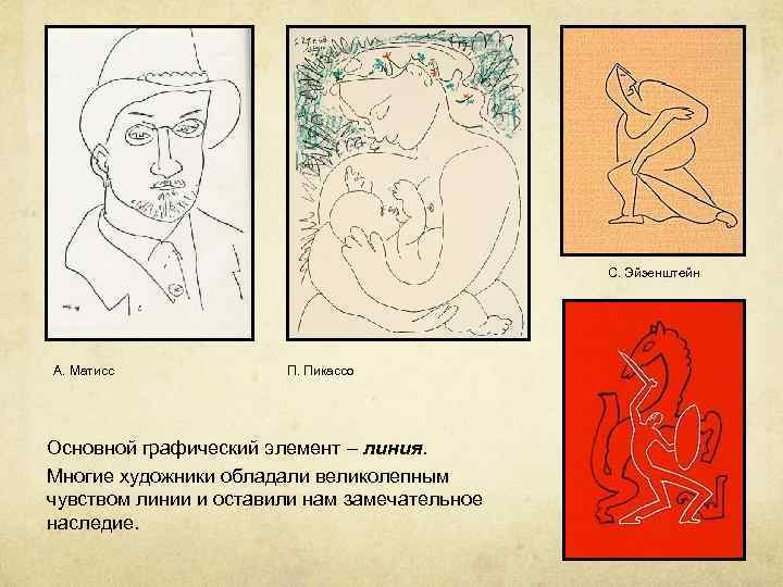С. Эйзенштейн А. Матисс П. Пикассо Основной графический элемент – линия. Многие художники обладали
