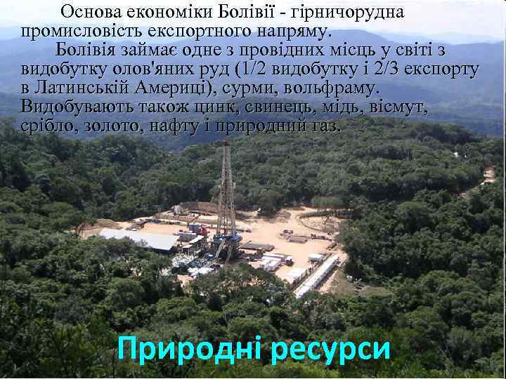  Основа економіки Болівії - гірничорудна промисловість експортного напряму. Болівія займає одне з провідних