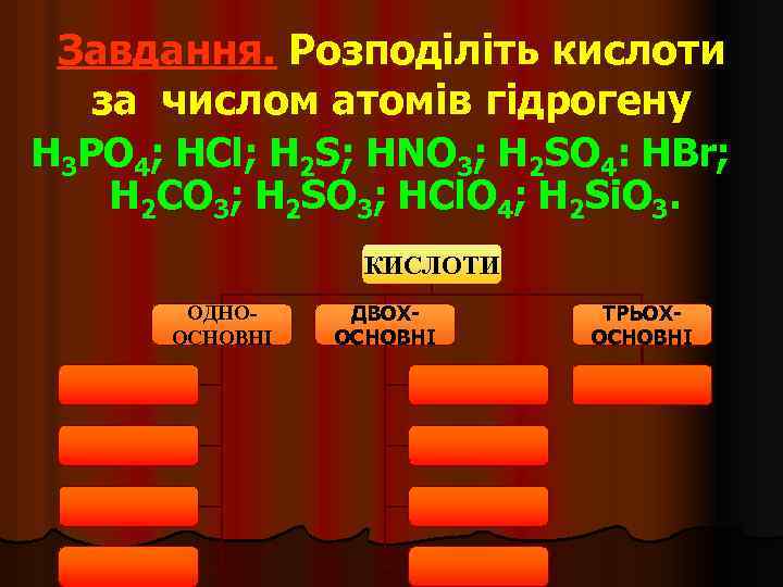 Завдання. Розподіліть кислоти за числом атомів гідрогену H 3 PO 4; HCl; H 2