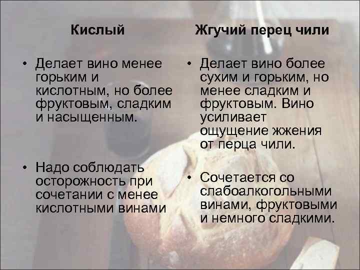 Кислый Жгучий перец чили • Делает вино менее • Делает вино более горьким и