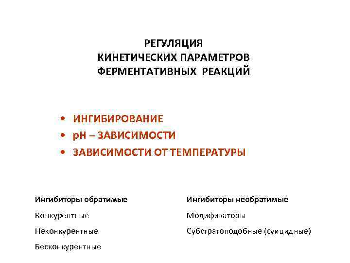 РЕГУЛЯЦИЯ КИНЕТИЧЕСКИХ ПАРАМЕТРОВ ФЕРМЕНТАТИВНЫХ РЕАКЦИЙ • ИНГИБИРОВАНИЕ • р. Н – ЗАВИСИМОСТИ • ЗАВИСИМОСТИ