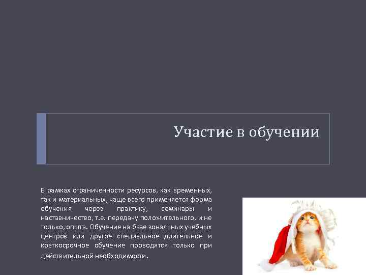 Участие в обучении В рамках ограниченности ресурсов, как временных, так и материальных, чаще всего