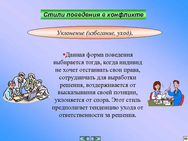 Стили поведения в конфликте Уклонение (избегание, уход). §Данная форма поведения выбирается тогда, когда индивид