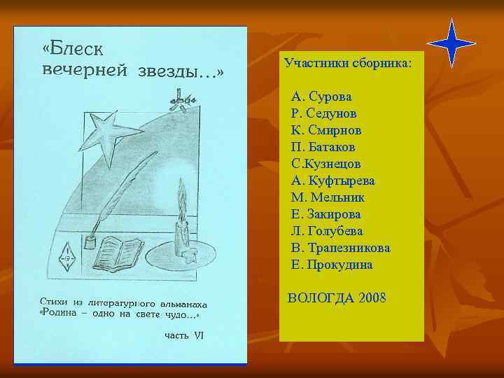 Участники сборника: А. Сурова Р. Седунов К. Смирнов П. Батаков С. Кузнецов А. Куфтырева