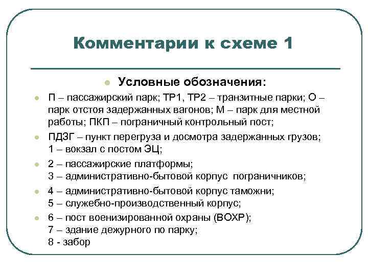 Комментарии к схеме 1 l l l Условные обозначения: П – пассажирский парк; ТР