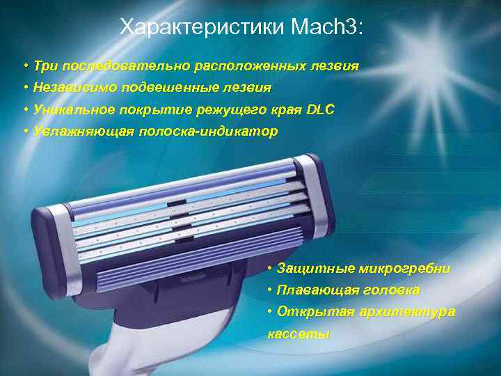 Характеристики Mach 3: • Три последовательно расположенных лезвия • Независимо подвешенные лезвия • Уникальное