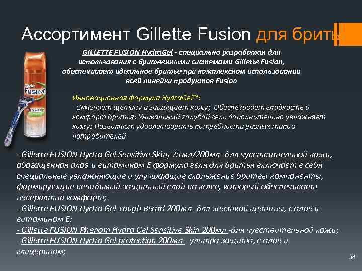 Ассортимент Gillette Fusion для бритья GILLETTE FUSION Hydra. Gel - специально разработан для использования