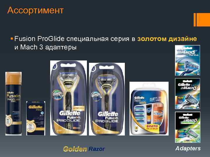 Ассортимент § Fusion Pro. Glide специальная серия в золотом дизайне и Mach 3 адаптеры