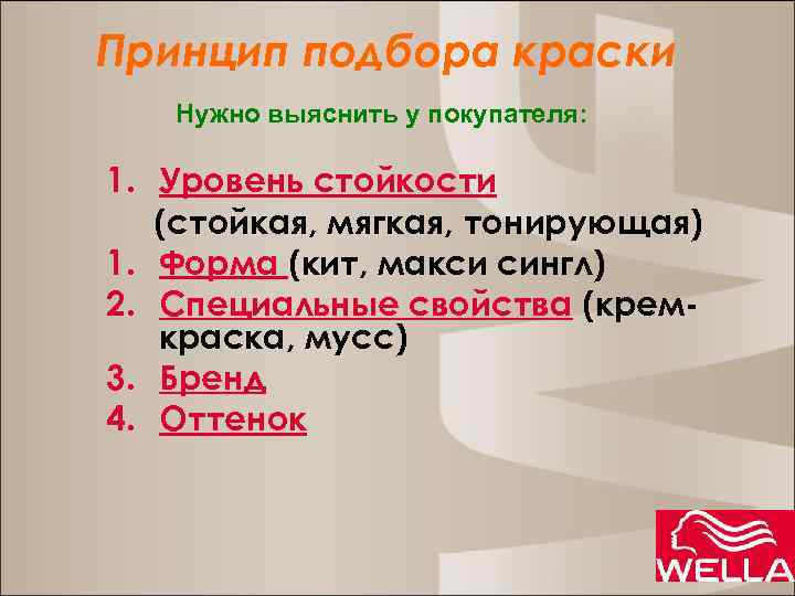 Принцип подбора краски Нужно выяснить у покупателя: 1. Уровень стойкости (стойкая, мягкая, тонирующая) 1.