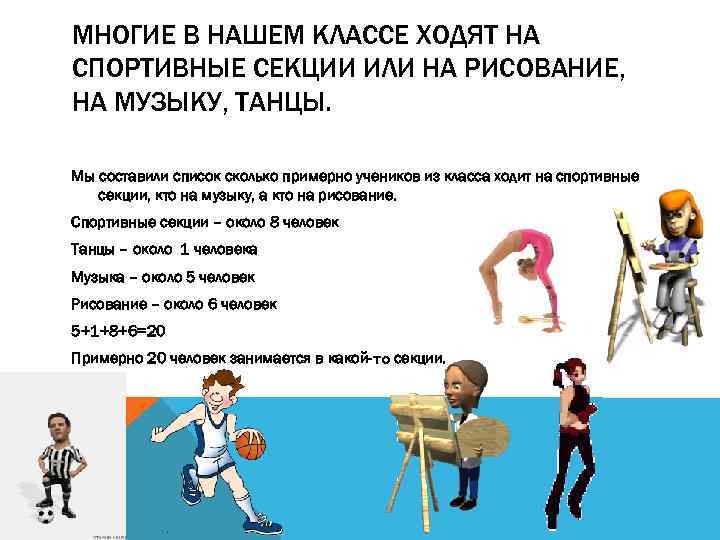МНОГИЕ В НАШЕМ КЛАССЕ ХОДЯТ НА СПОРТИВНЫЕ СЕКЦИИ ИЛИ НА РИСОВАНИЕ, НА МУЗЫКУ, ТАНЦЫ.