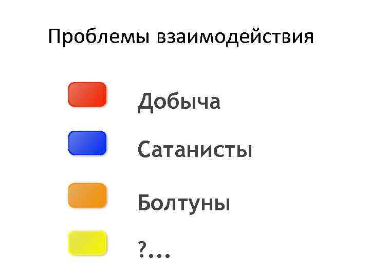 Проблемы взаимодействия Добыча Сатанисты Болтуны ? . . . 