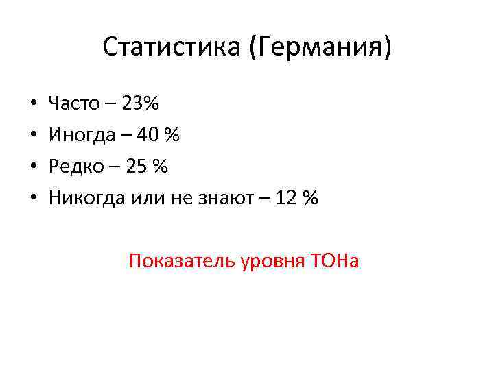 Статистика (Германия) • • Часто – 23% Иногда – 40 % Редко – 25