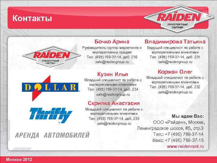 Контакты Бочко Арина Владимирова Татьяна Руководитель группы маркетинга и корпоративных продаж Тел. (495) 789