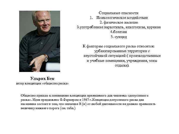 Социальные опасности 1. Психологическое воздействие 2. физическое насилие 3. употребление наркотиков, алкоголизм, курение 4.