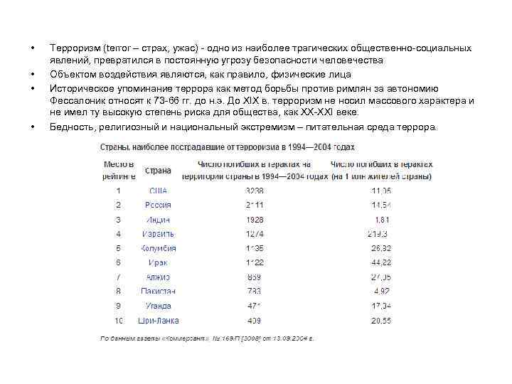  • • Терроризм (terror – страх, ужас) - одно из наиболее трагических общественно-социальных