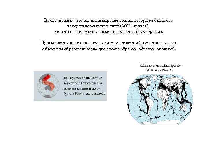 Волны цунами -это длинные морские волны, которые возникают вследствие землетрясений (90% случаев), деятельности вулканов