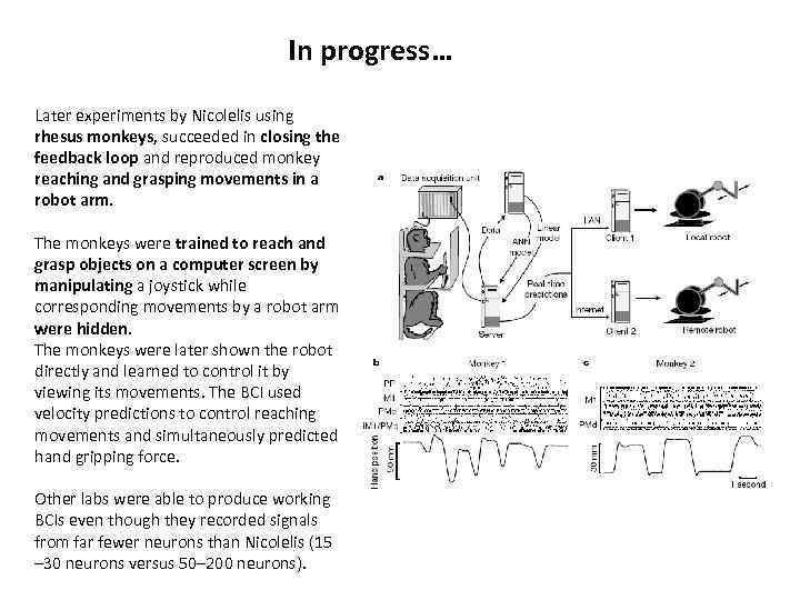 In progress… Later experiments by Nicolelis using rhesus monkeys, succeeded in closing the feedback